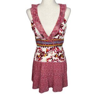 SALONI Silk Amy V-Neck Sleeveless Mini Dress Pleated Skirt Red Floral Sz 4 EUC